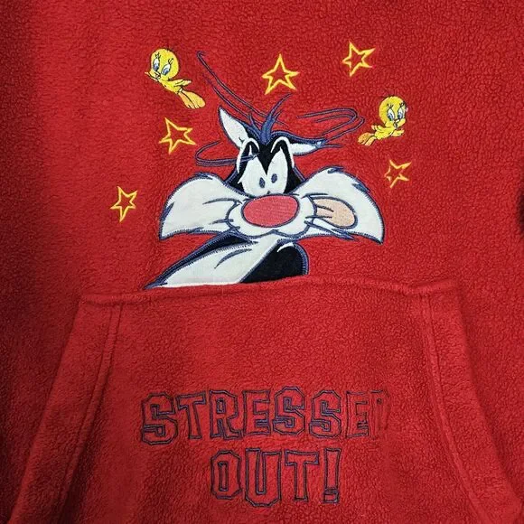 Looney Tunes Sylvester Red Hooded Fleece Sweatshirt STRESSES OUT Hoodie 1X - Picture 2 of 11